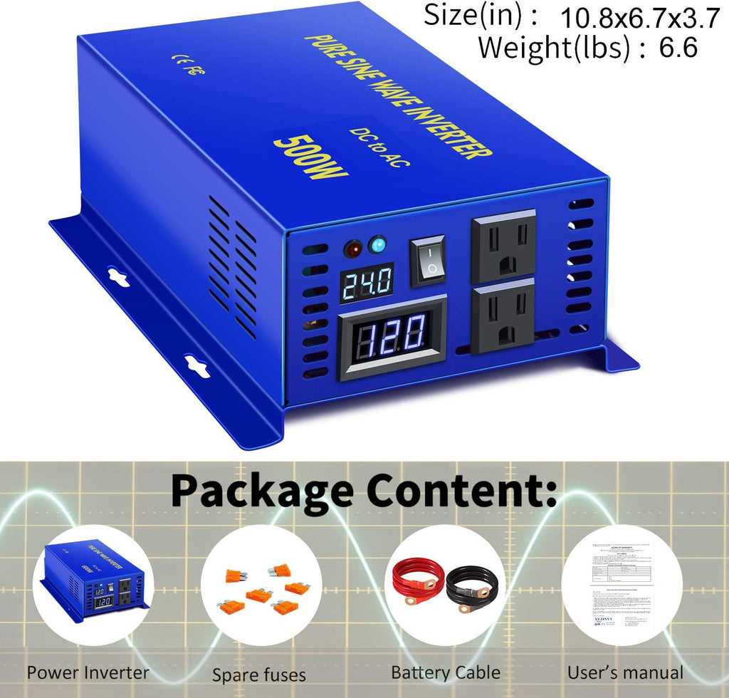 500 Watt Pure Sine Wave Power Inverter 12v to 110v 120v with Cigarette Lighter U6506