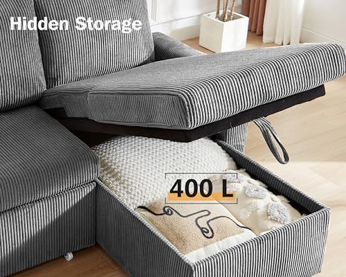 Corduroy Grey L Shaped Sleeper Sofa with Storage Chaise N15369