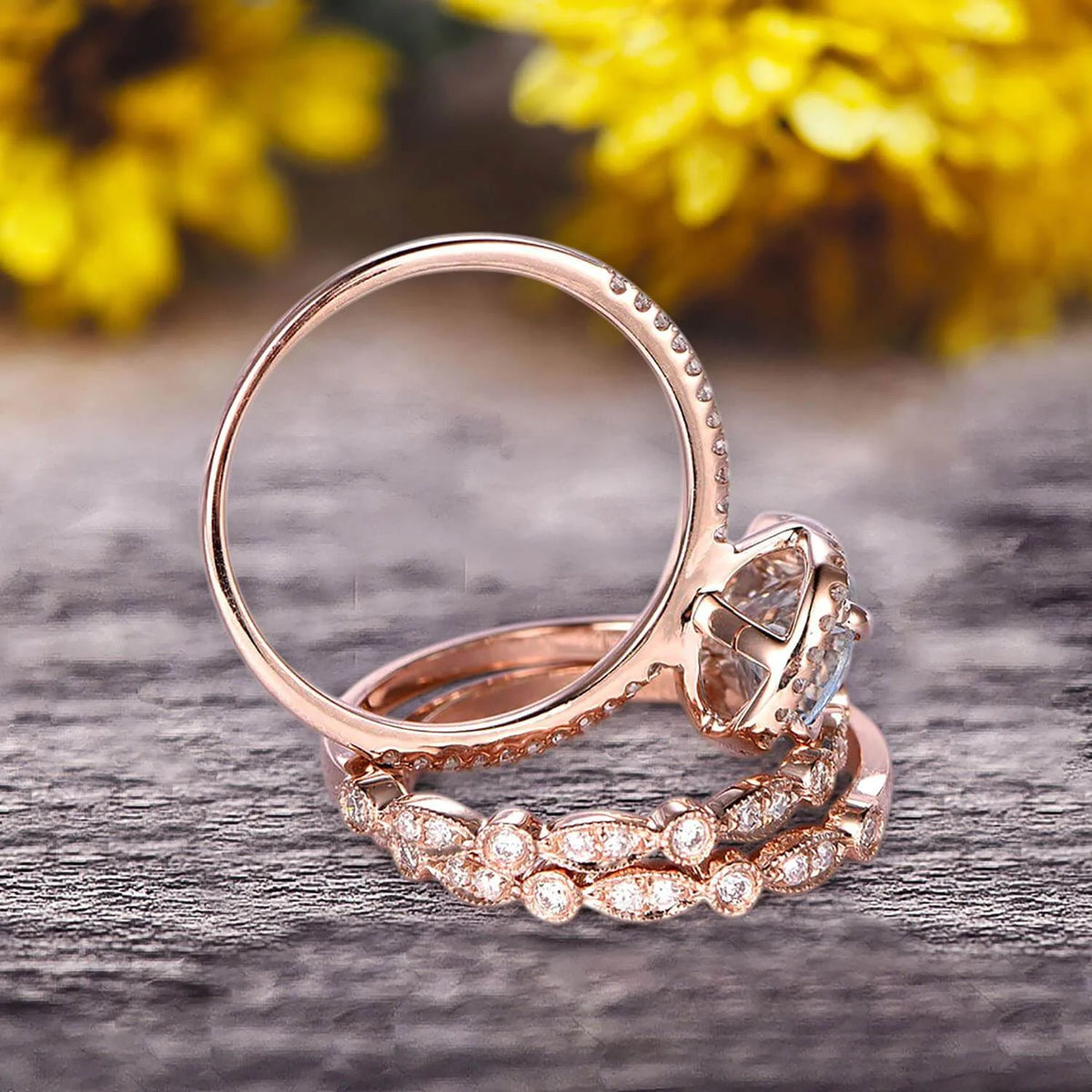 Oval Cut Aquamarine Engagement Ring 10k Rose Gold With Matching Wedding Band A8801