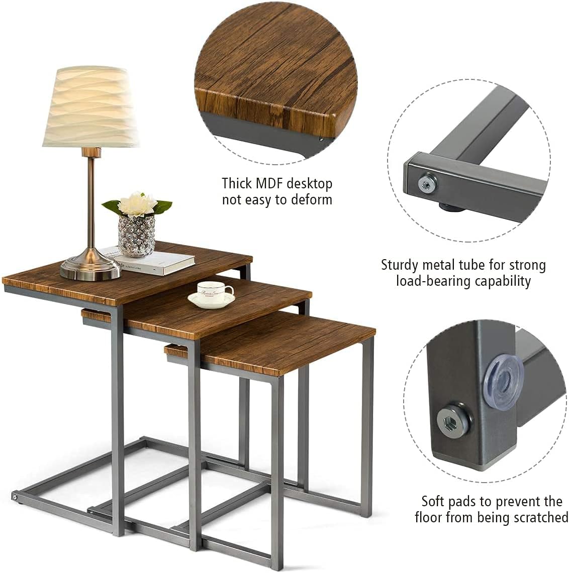 Walnut Nesting End Table, 3pcs Stacking Coffee Table with Metal Frame I66295