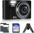 4K 48MP Mini Digital Camera with 2 Batteries, 32GB SD Card, Tripod, Black, Pack of 2 E722797