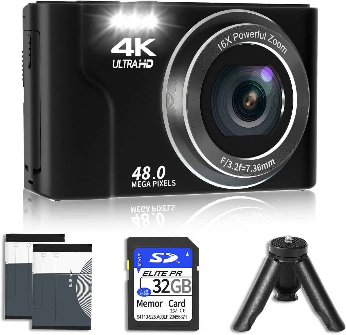 4K 48MP Mini Digital Camera with 2 Batteries, 32GB SD Card, Tripod, Black, Pack of 2 E722797
