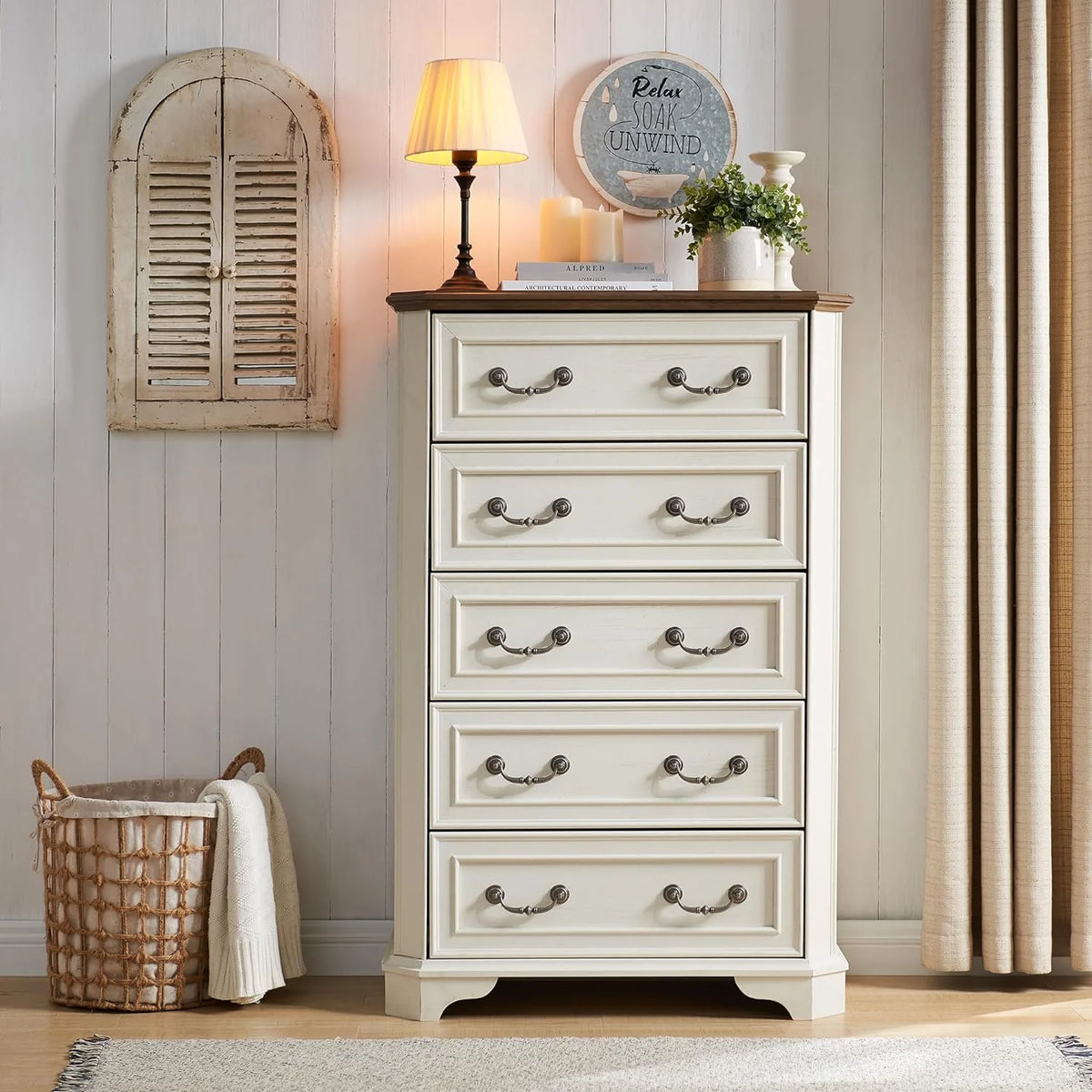 Antique White 5 Drawer Wood Dresser F3857