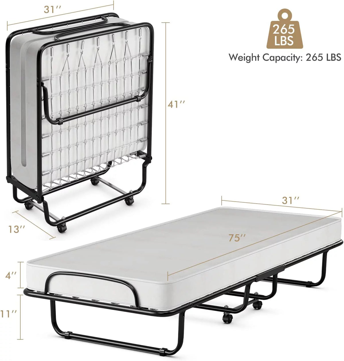 Folding Bed with Memory Foam Mattress and Metal Frame L556