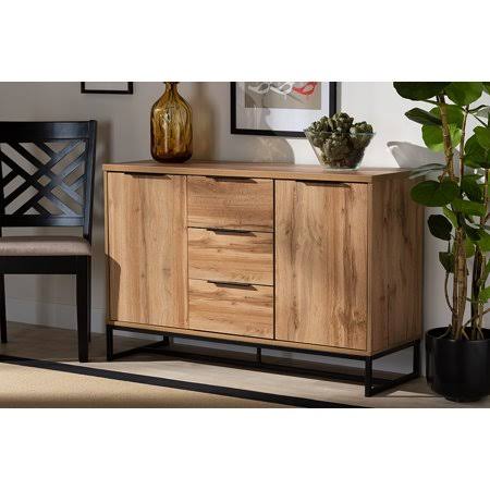 Industrial Oak Finished Wood and Black Metal 3-Drawer Sideboard Buffet U262