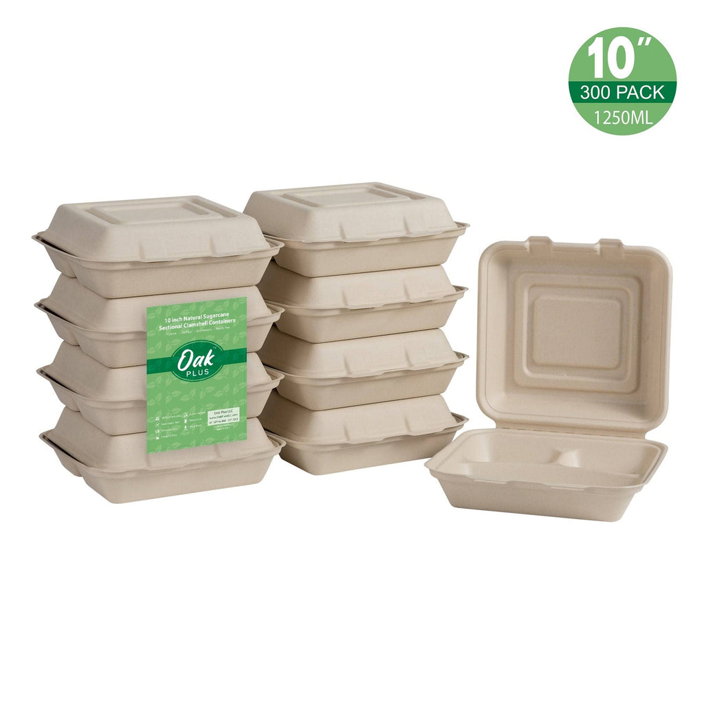 10 inch Natural Compostable Sugarcane Sectional Clamshell Containers, 300 Pack E570