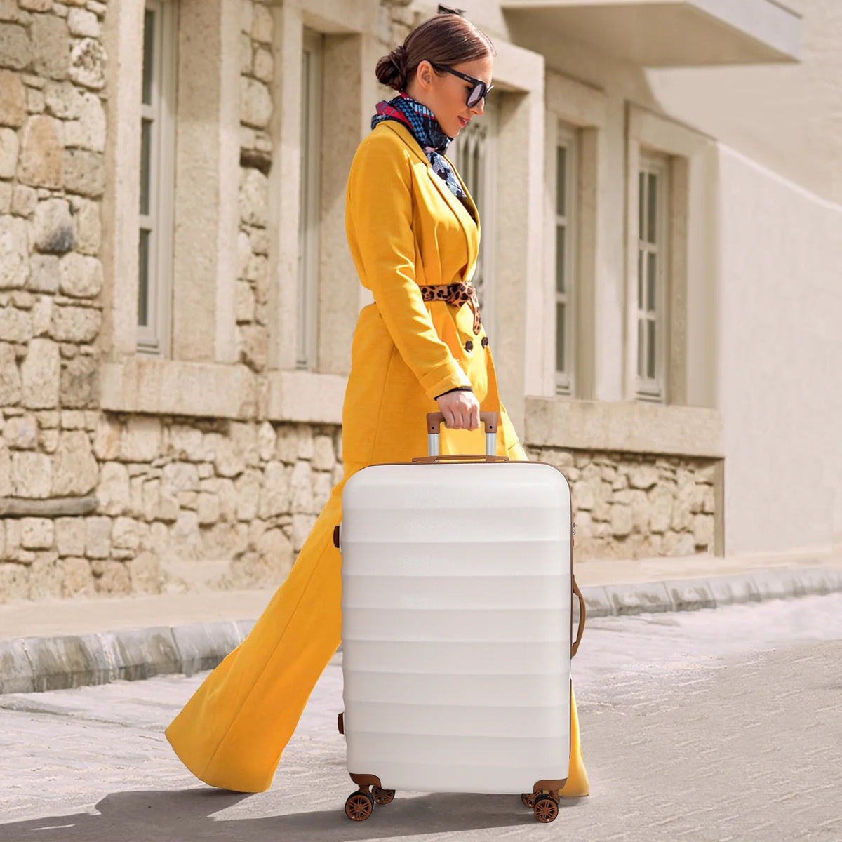 3 Piece Expandable ABS Hardshell Luggage Set Spinner Wheel Suitcase TSA Lock White Brown 20/24/28 Inch A330