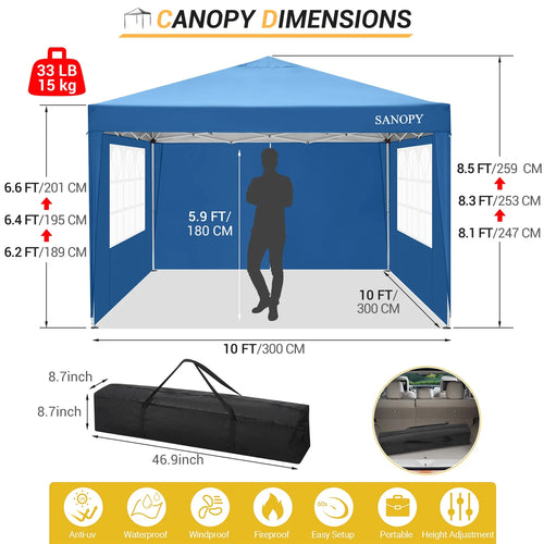 10'x10' Waterproof Pop Up Canopy Tent with 4 Removable Sidewalls & Carrying Bag W6459