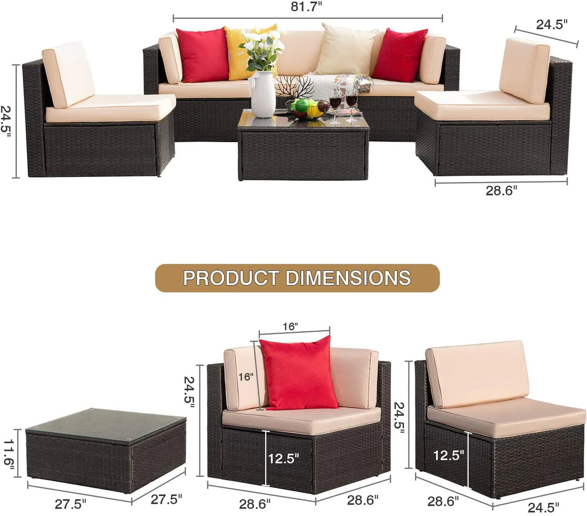 6 Pieces Wicker PE Rattan Sectional Sofa with Cushions C9309